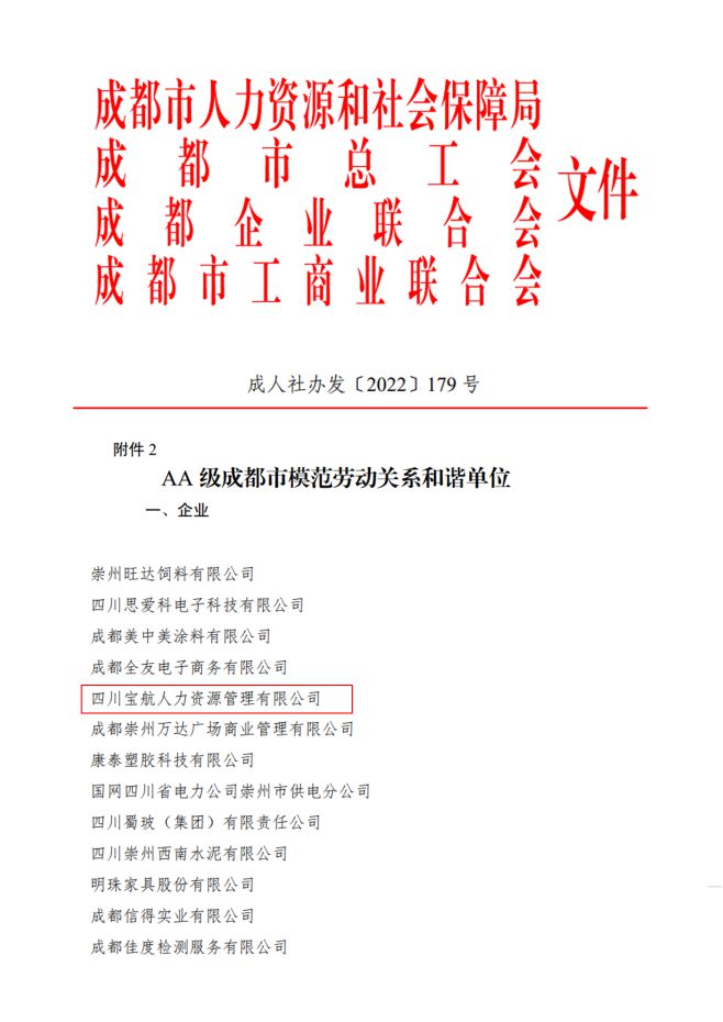 喜報|寶航人力集團榮獲AA級成都市模范勞動關系和諧單位